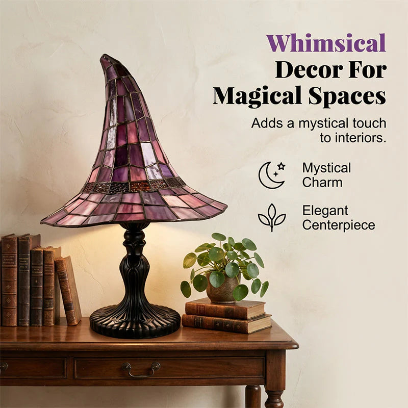 🧙‍♀️Stolová lampa s čarodejníckym klobúkom z farebného skla｜Gotická retro magická atmosféra, nočné svetlo k posteli🔮