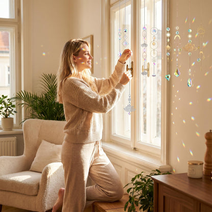 ✨🌈Kryštáľový zachytávač slnečného svetla: Odráža rozprávkovú dúhu – perfektný dekoračný prvok do domácnosti na vytvorenie príjemnej atmosféry.