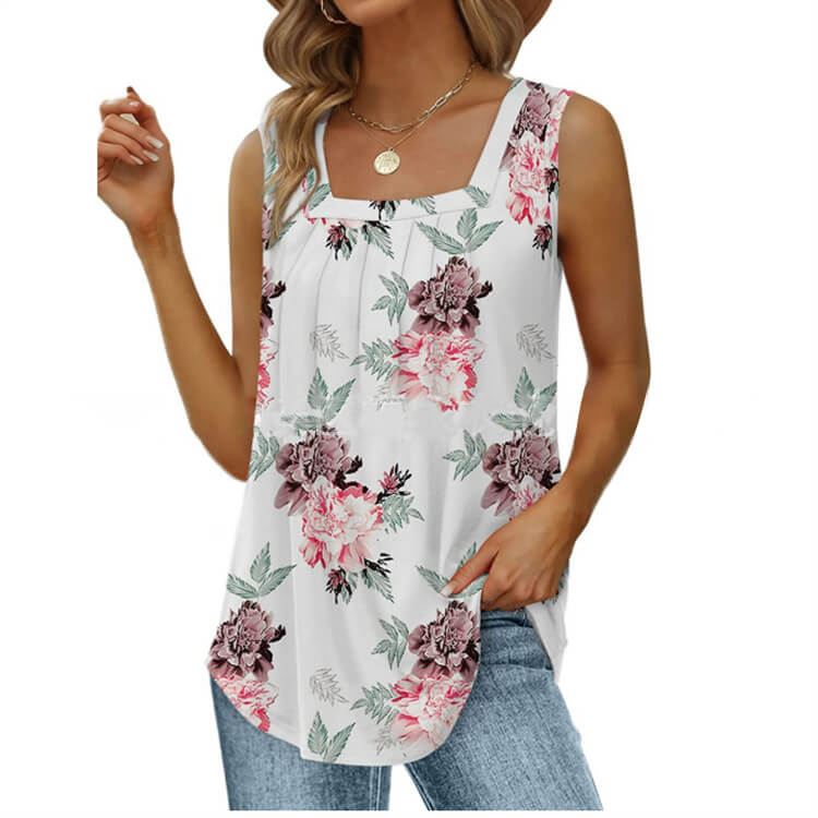 Časovo obmedzená ponuka 🌸 Top s bohémskou kvetinovou potlačou, hranatý výstrih, voľný strih, zoštíhľujúci, letné krátke rukávy 🌿💃