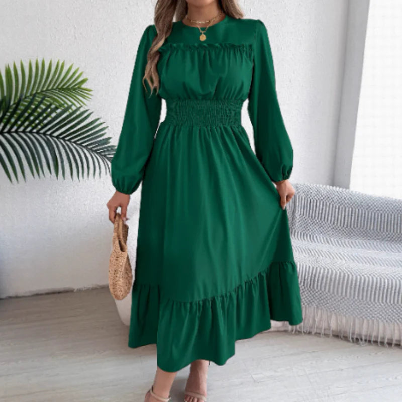 👗Dámske maxi šaty s dlhými rukávmi, volánikmi a stahovaním