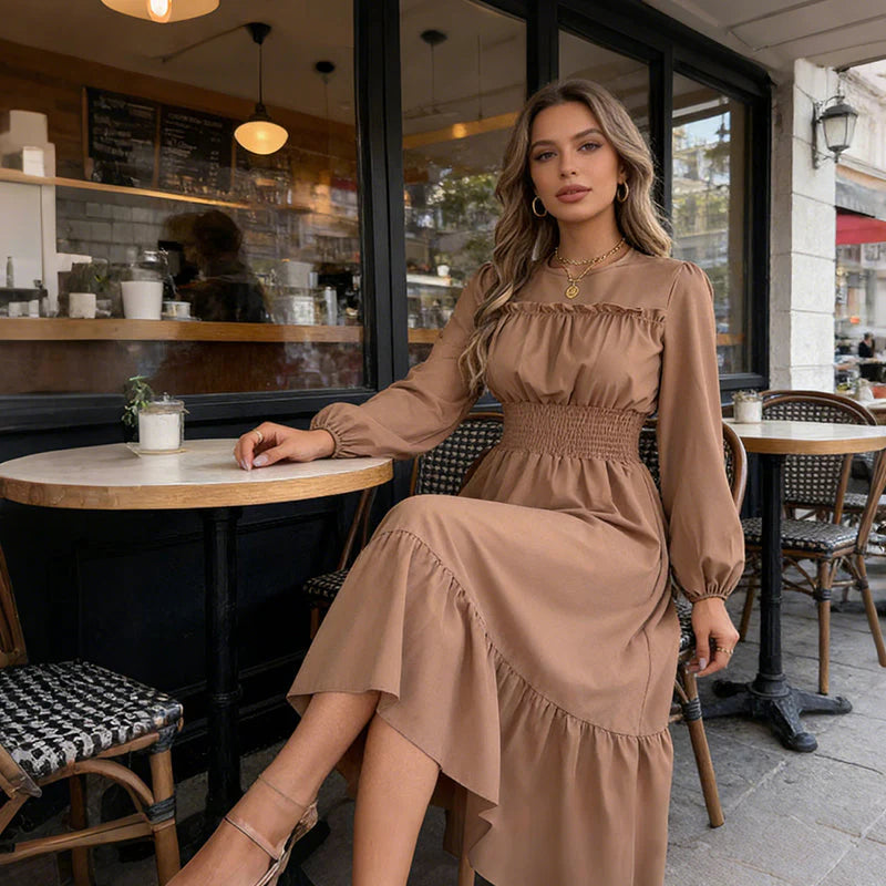 👗Dámske maxi šaty s dlhými rukávmi, volánikmi a stahovaním