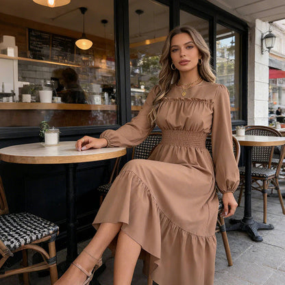 👗Dámske maxi šaty s dlhými rukávmi, volánikmi a stahovaním