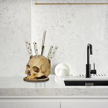 💀Časovo obmedzená zľava 50 %🎃 Držiak na nože v tvare lebky zo živice, personalizovaný organizér na kuchynské nože s halloweenskou tematikou