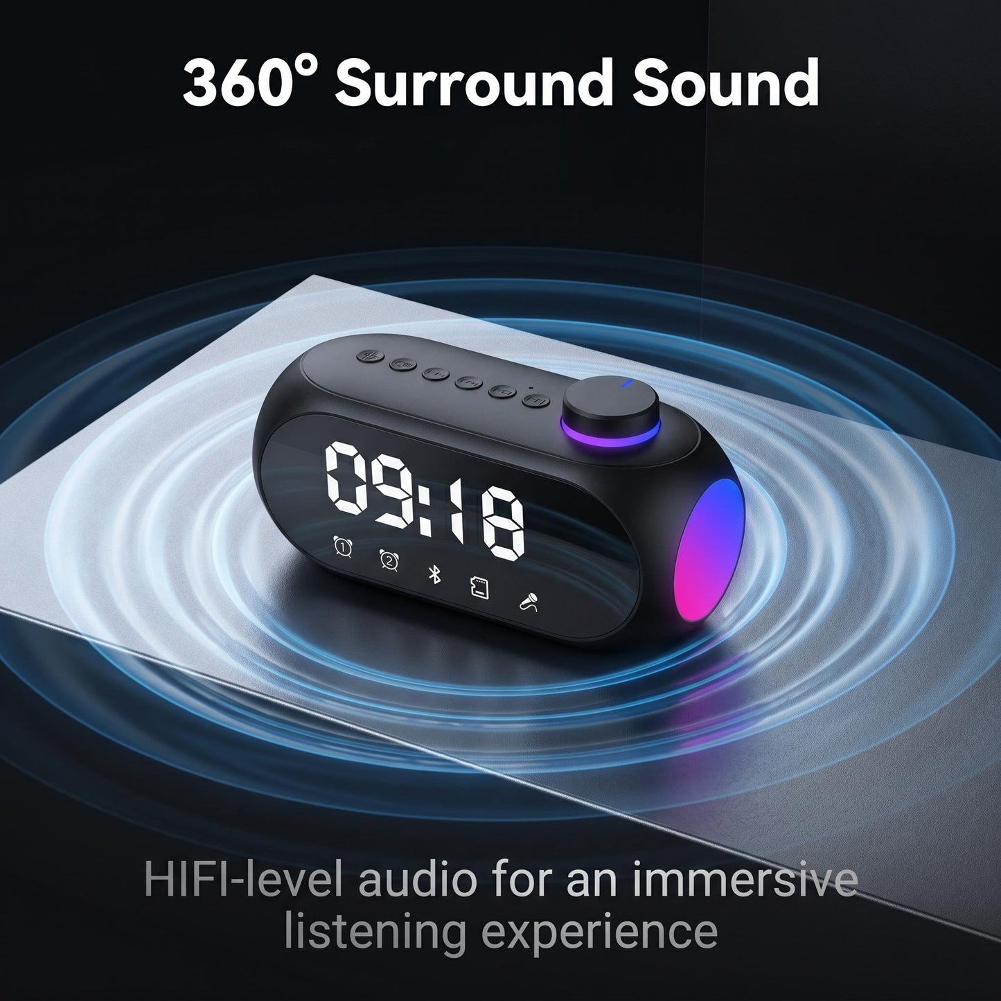 🔊4-v-1 Bluetooth reproduktor k posteli｜360° priestorový zvuk, RGB ambientné osvetlenie, stolový reproduktor s dvojitým budíkom🎵🌈