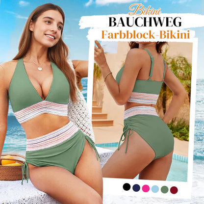 👙Vysoké bikiny s kontrolou brucha a farebným blokovým dizajnom👙