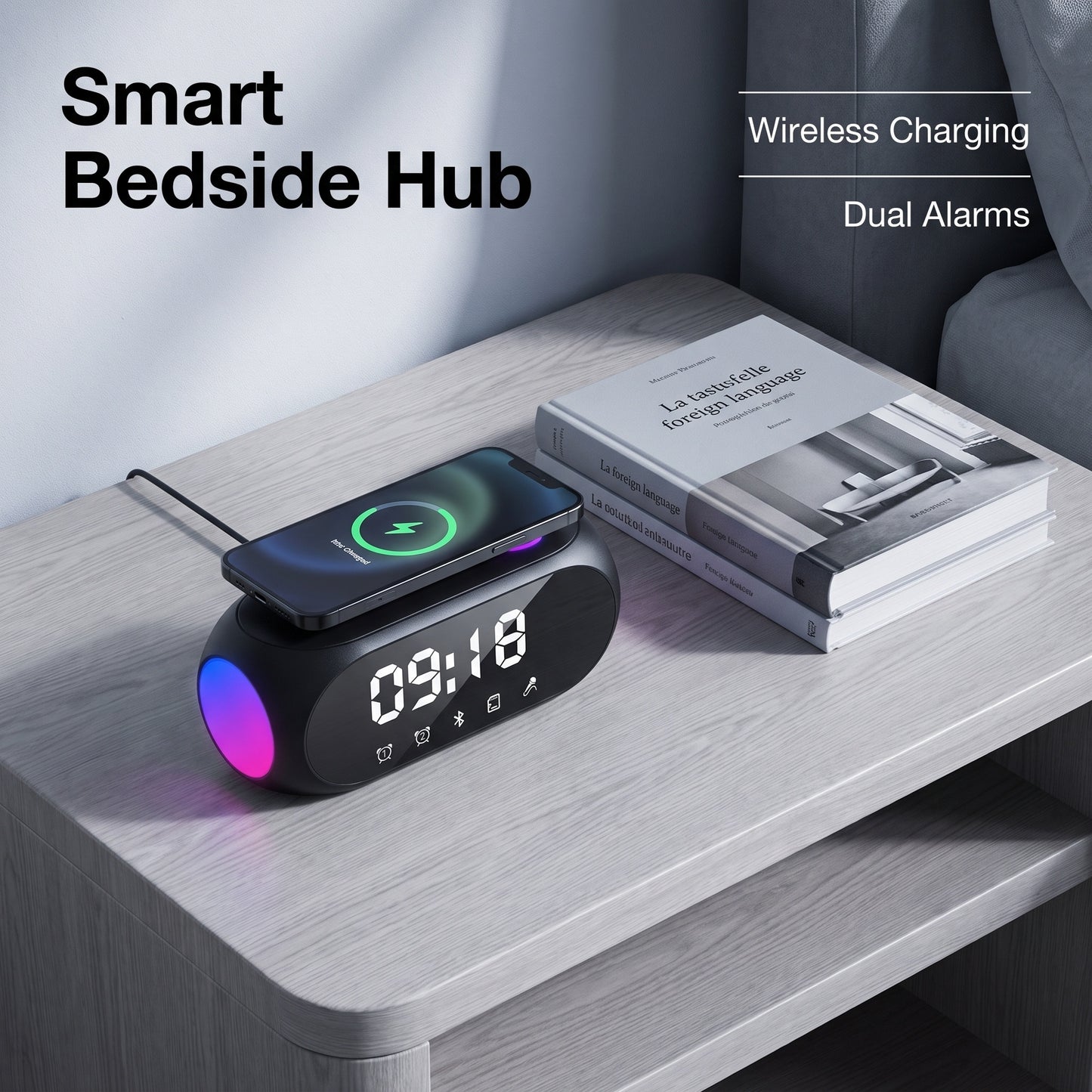 🔊4-v-1 Bluetooth reproduktor k posteli｜360° priestorový zvuk, RGB ambientné osvetlenie, stolový reproduktor s dvojitým budíkom🎵🌈