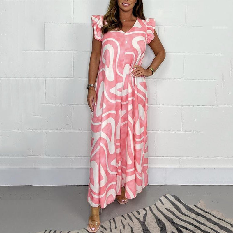 Dámsky letný overal so širokými nohavicami, volánikmi a geometrickou potlačou