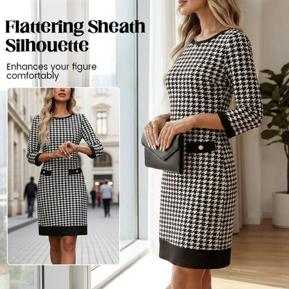 Dámske midi šaty s okrúhlym výstrihom a vzorom houndstooth