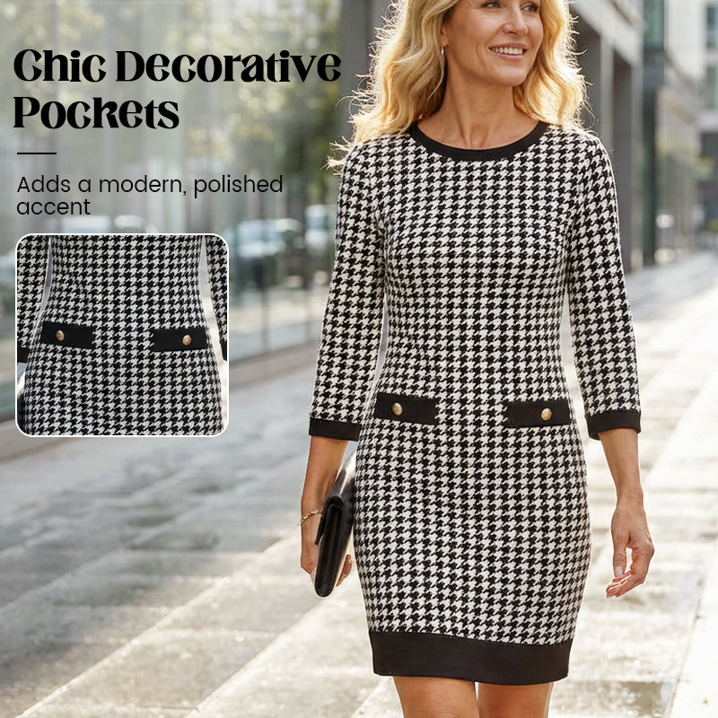Dámske midi šaty s okrúhlym výstrihom a vzorom houndstooth