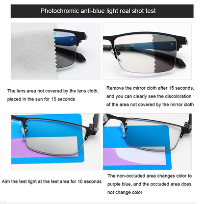 Titánové multifokálne okuliare na čítanie s fotochromatickými progresívnymi sklami, dvojitým osvetlením a ochranou proti modrému svetlu